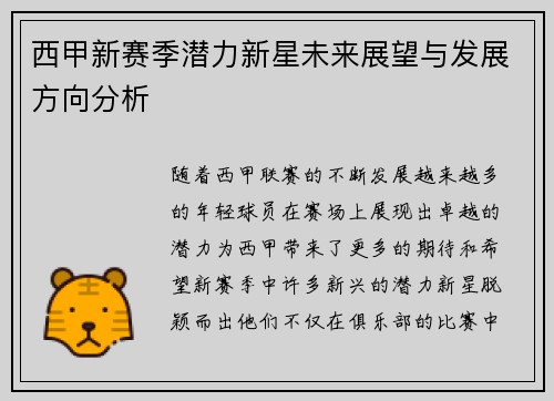 西甲新赛季潜力新星未来展望与发展方向分析