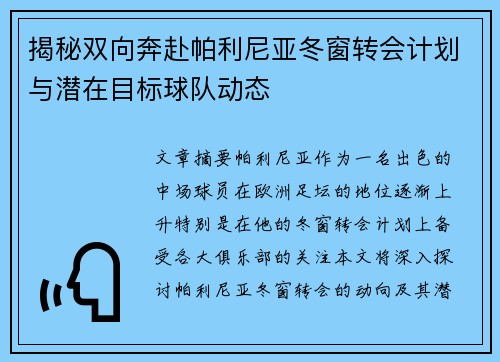 揭秘双向奔赴帕利尼亚冬窗转会计划与潜在目标球队动态