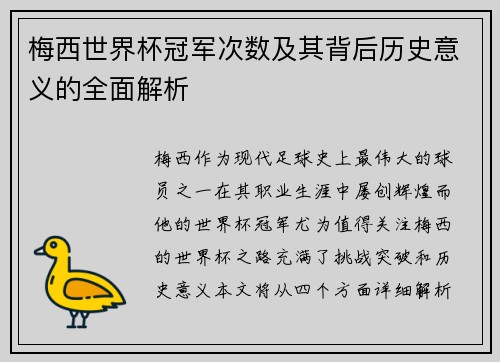 梅西世界杯冠军次数及其背后历史意义的全面解析